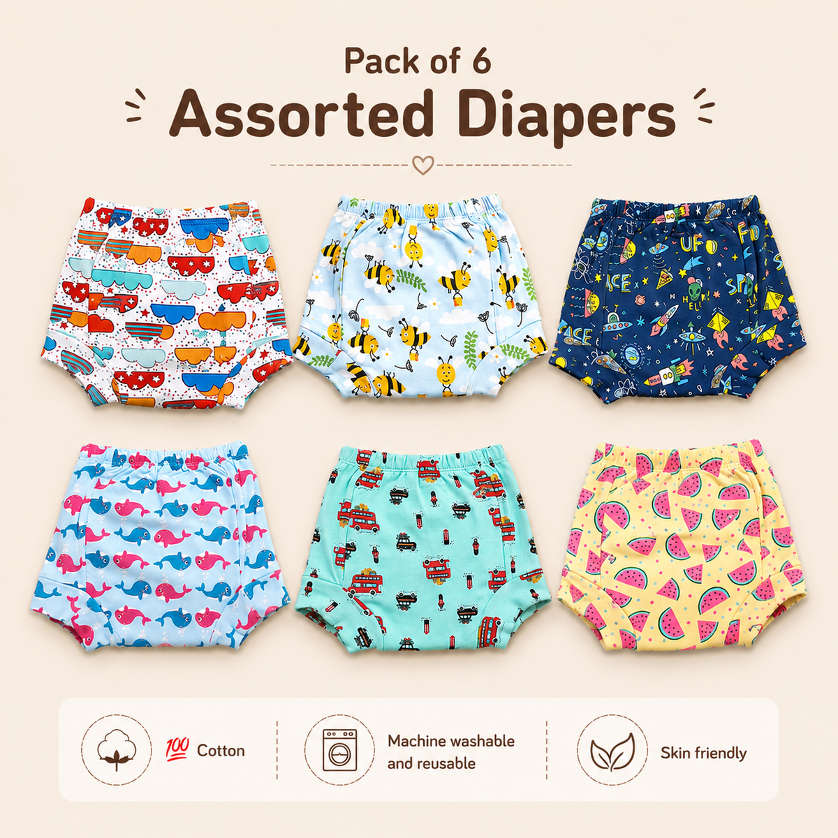 Pack of 6 assorted diapers