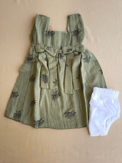 Olive muslin Frock with bloomer
