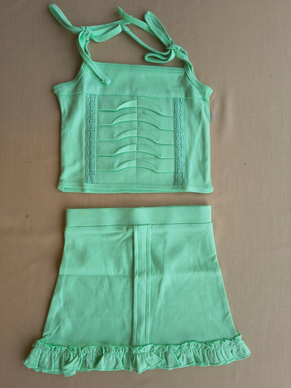 Mint tie shoulder skirt set
