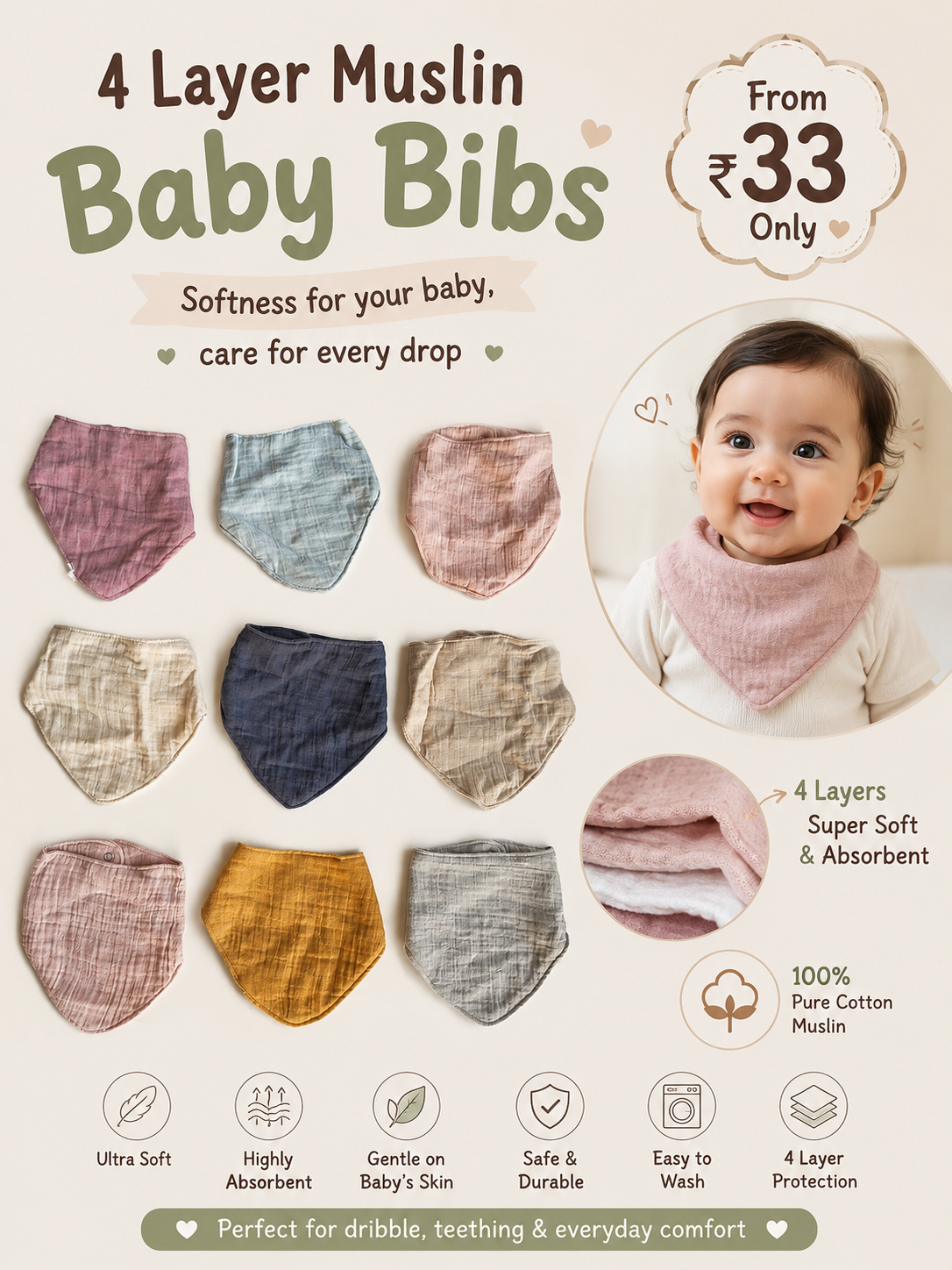Pack of 3 pieces 99 rs  - 4 Layer muslin Bibs